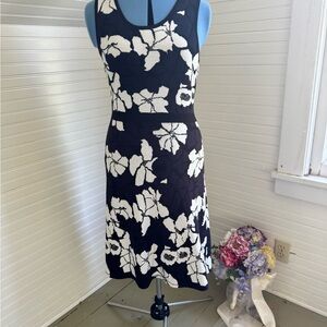Ann Taylor Black, White & Navy Floral Midi Sweater Dress